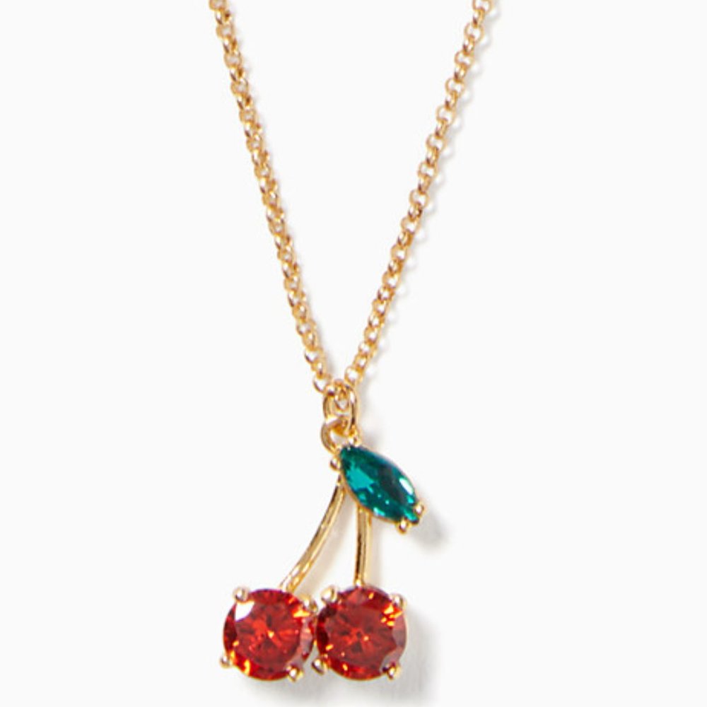 NWT Gold Cherry Pendant Necklace with Red and Teal Gemstones